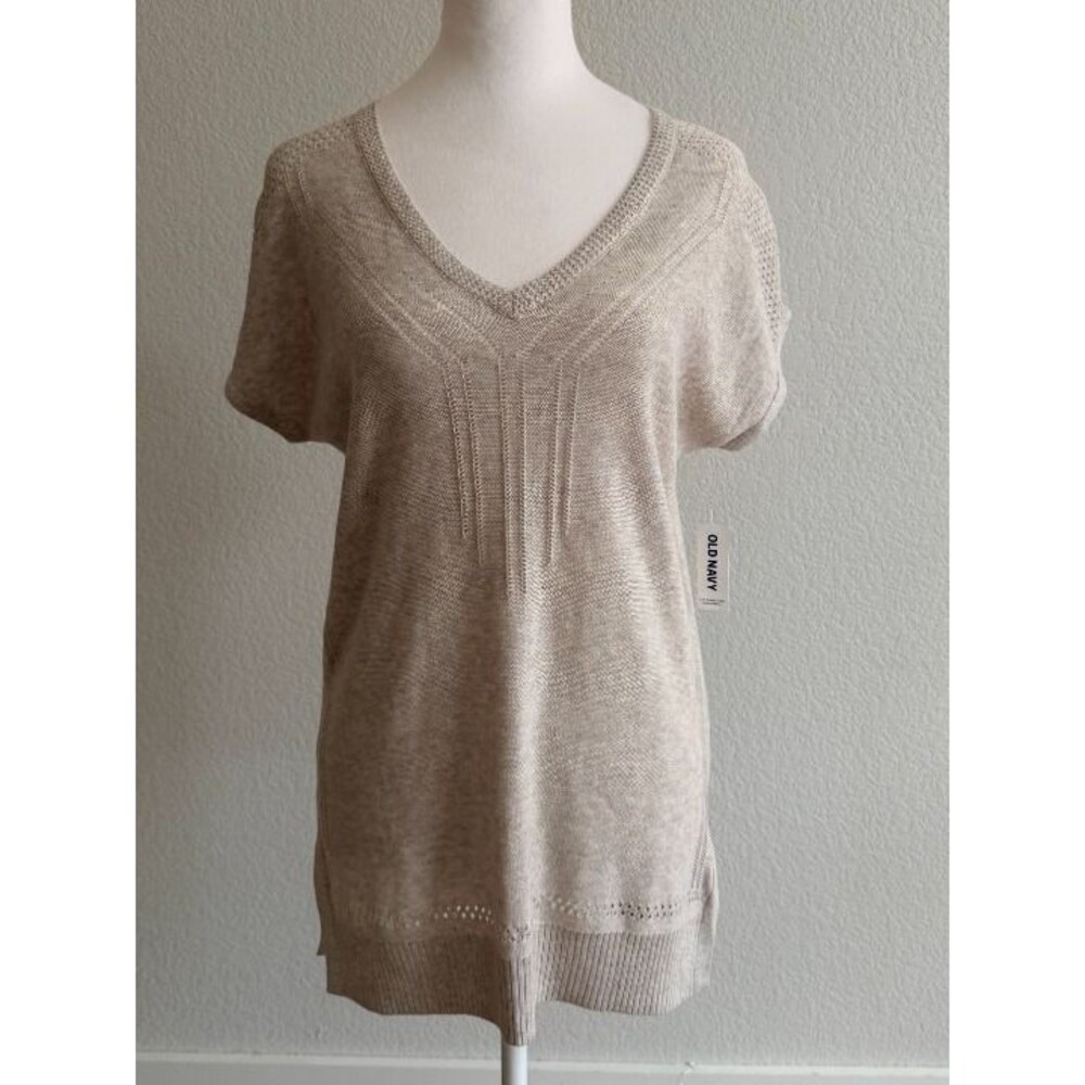 Old Navy NWT Beige Crochet Open Knit V-Neck Sweater Tunic XS